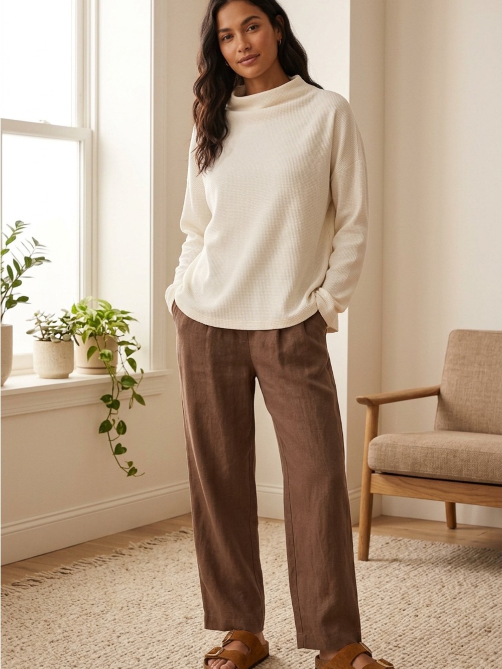 Eileen Fisher Organic Cotton Blend Top Waffle Knit Funnel Neck Soft White New